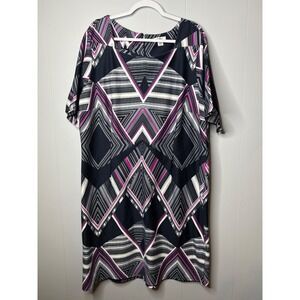 Cato Woman Plus Size 24W Geometric Diamond Print Shift Dress Black Pink White